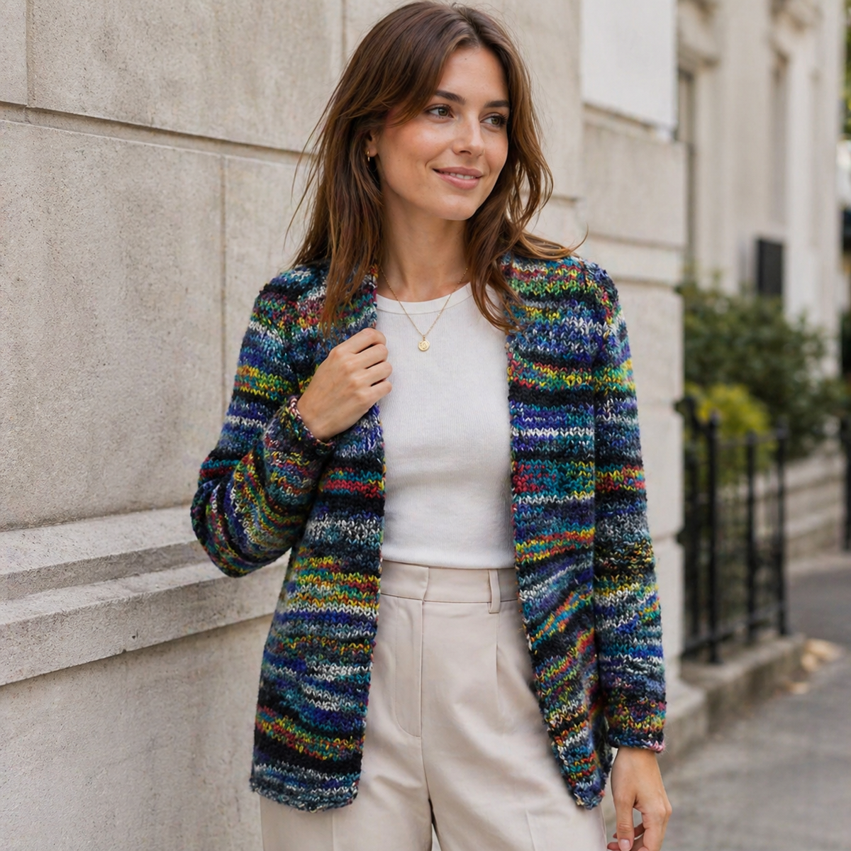 Women's Button-Front Cardigan with Multicolor Pattern
