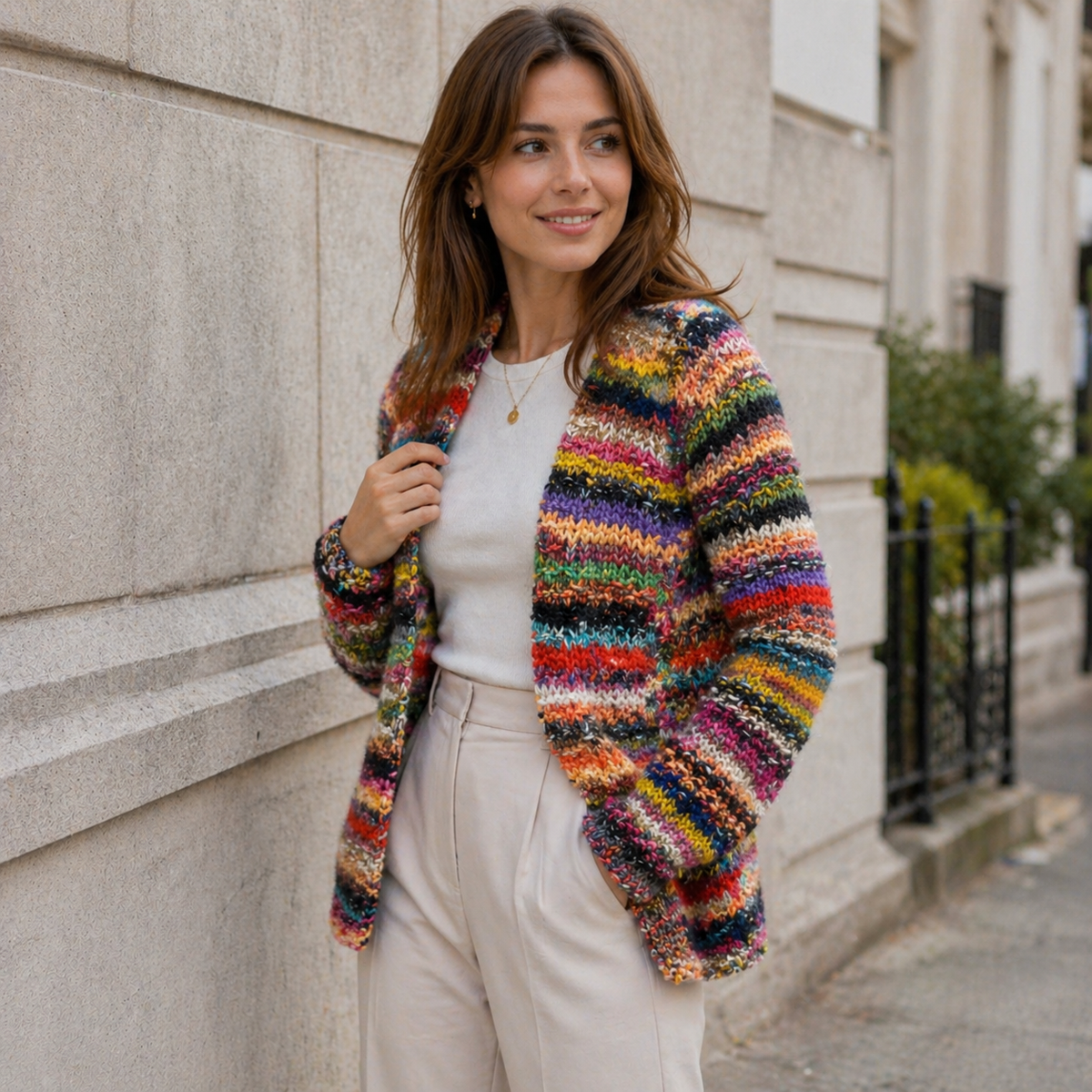 Women's Button-Front Cardigan with Multicolor Pattern