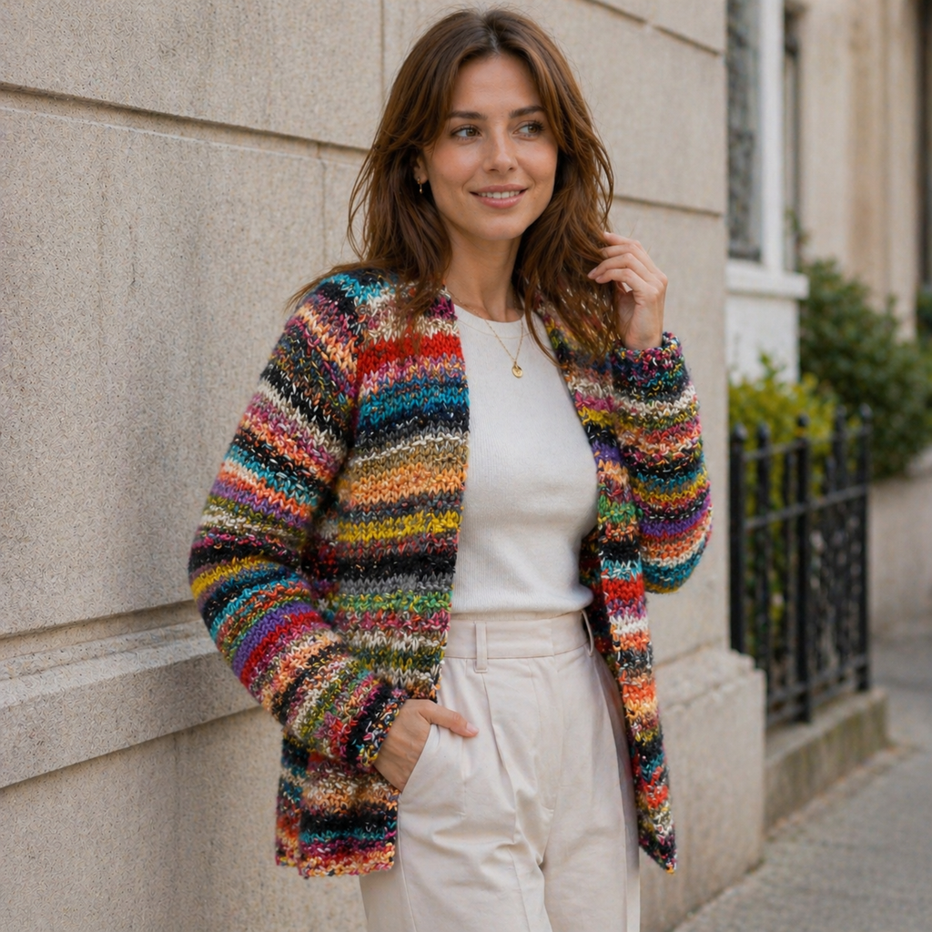 Women's Button-Front Cardigan with Multicolor Pattern