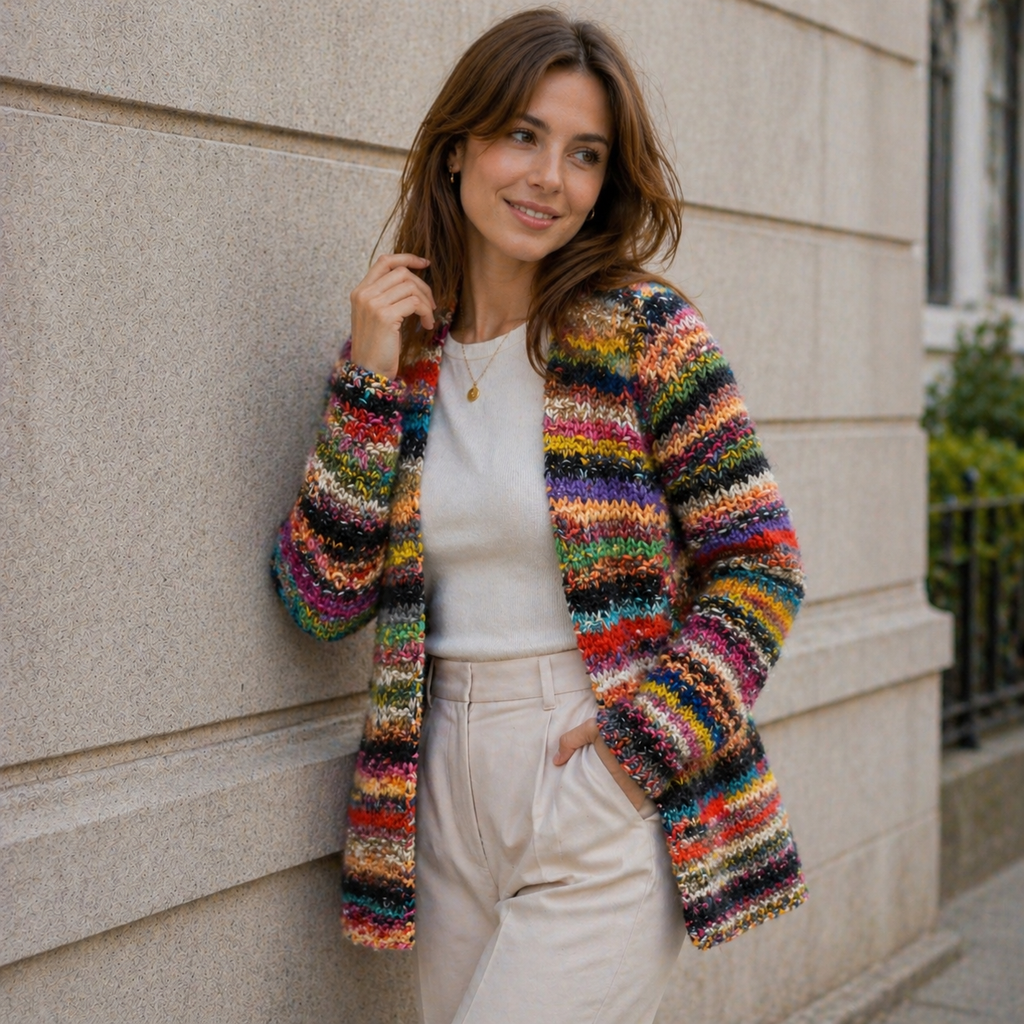 Women's Button-Front Cardigan with Multicolor Pattern
