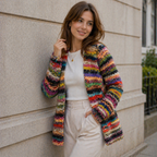 Women's Button-Front Cardigan with Multicolor Pattern