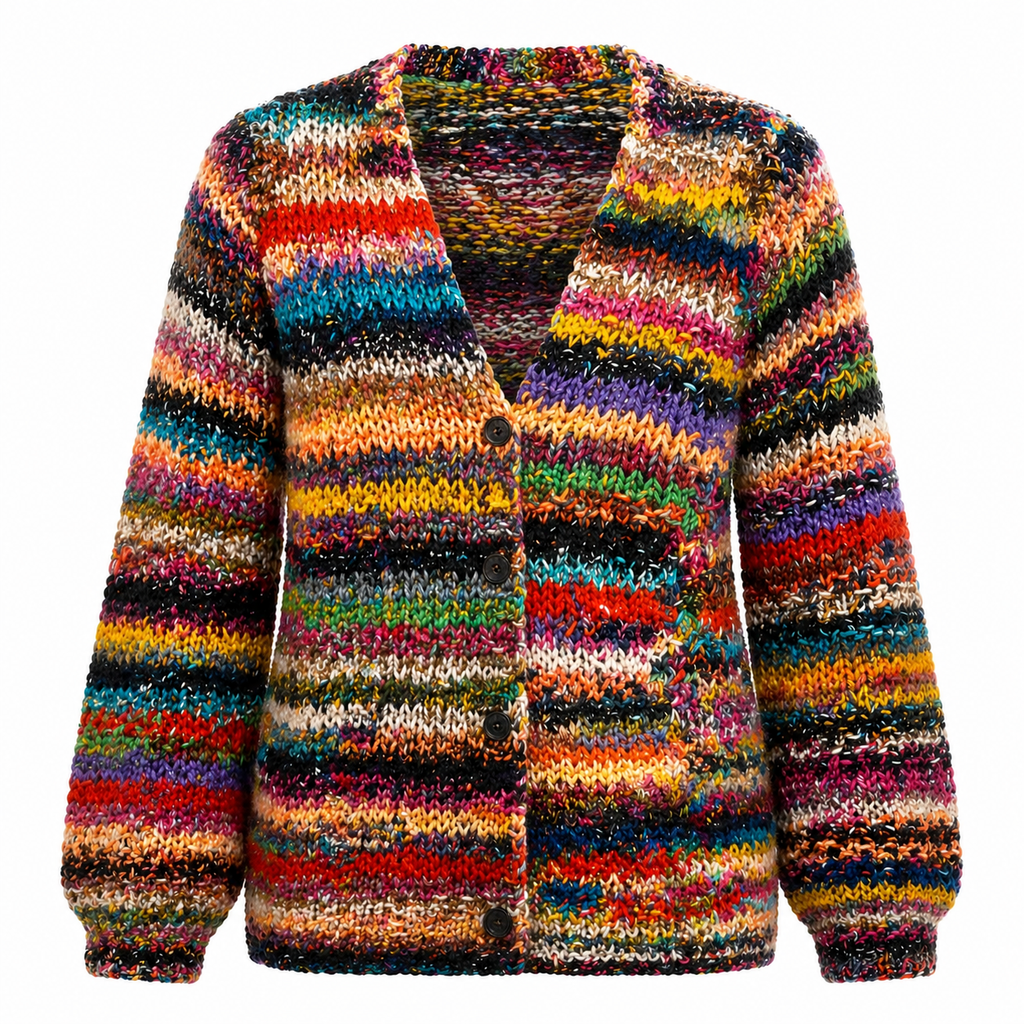 Women's Button-Front Cardigan with Multicolor Pattern