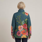 Women's Teal Floral Quilted Jacket — Stand Collar Snap Button Padded Coat