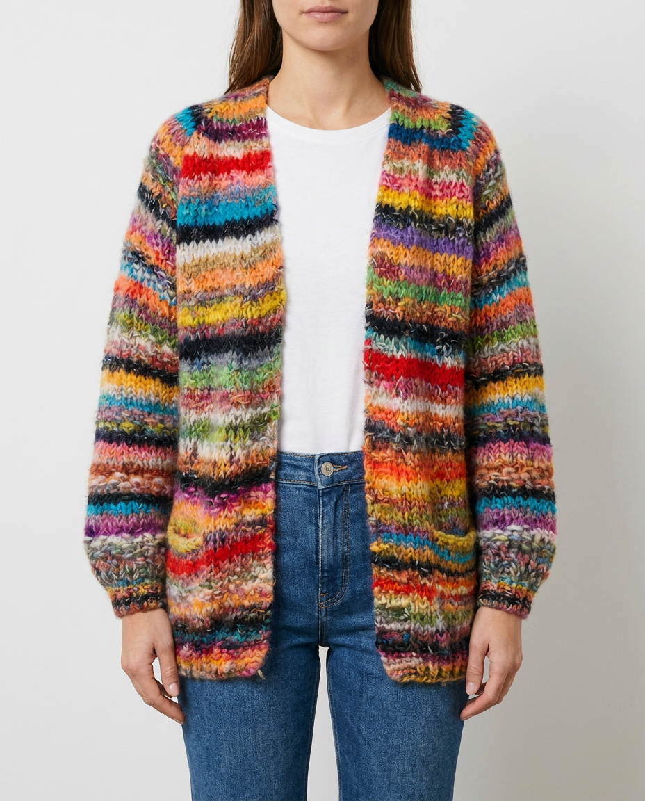 Women's Button-Front Cardigan with Multicolor Pattern